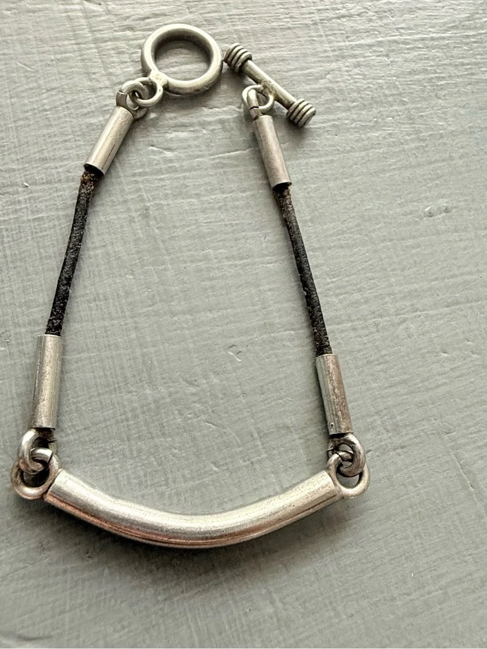 925 Sterling Silver Toggle Black Leather Bracelet